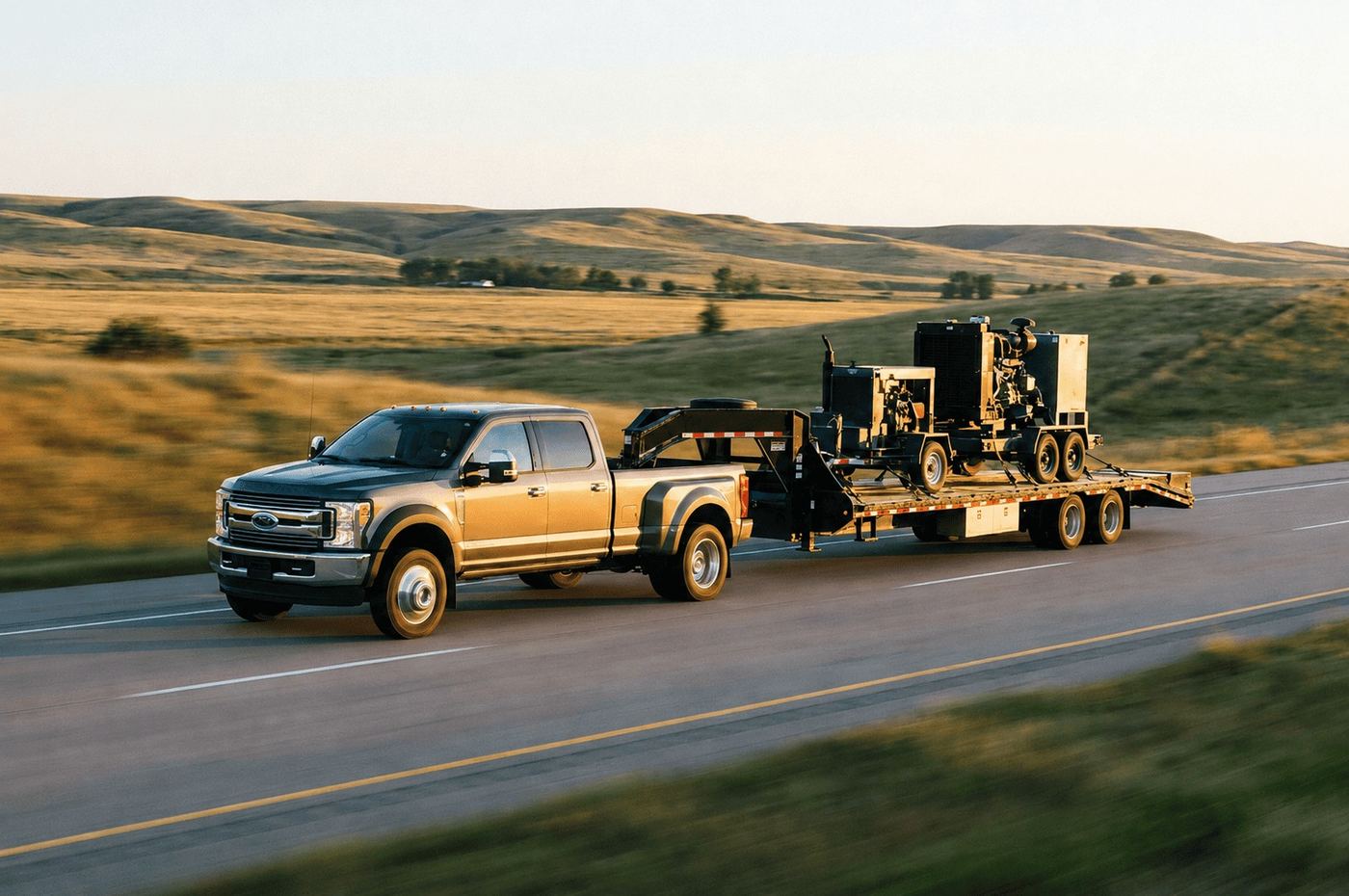 Generator and equipment hauled on a gooseneck flatbed trailer